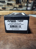 A black billet powder cup with engraved Area 419 logo mounted on a rifle action by Area 419.