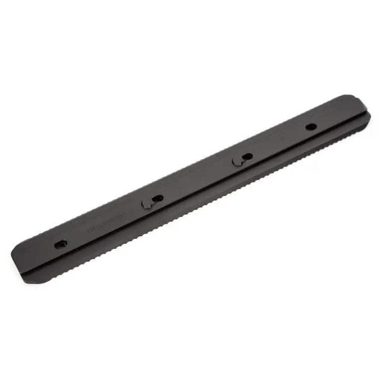 Black 12-inch universal dovetail rail with engraved brand logo for mounting accessories on firearms by Area 419