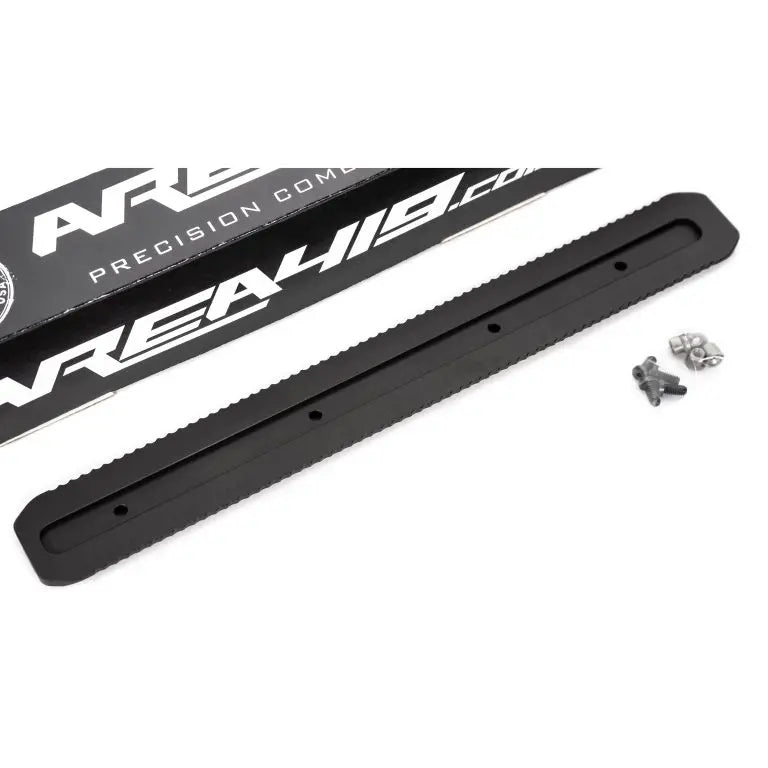 A dark gray 12-inch universal dovetail rail with a black mounting plate and engraved logo by Area 419.