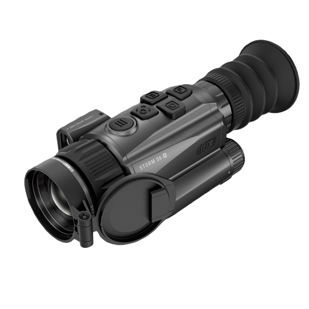 Black thermal scope with red reticle and laser range finder, mounted on a rifle, by RIX