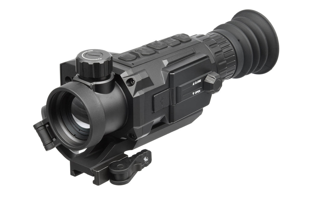 Black thermal scope with red reticle and tactical grip mounted on a rifle by AGM