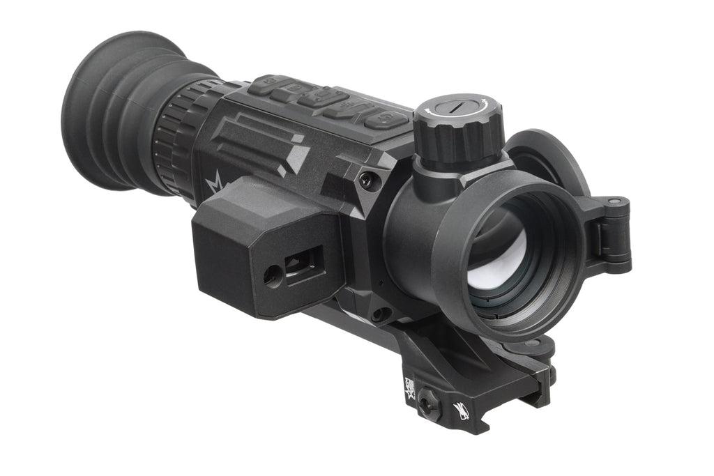 Black thermal scope with red reticle and tactical grip mounted on a rifle by AGM