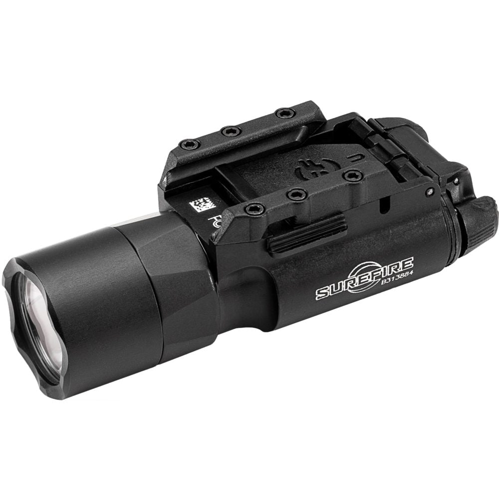 A red Surefire X300U Weaponlight with a tactical grip and LED lens, mounted on a rifle stock.