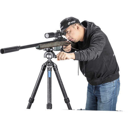 A black magic ball head with arca-type quick release plate mounted on a tripod by Leofoto