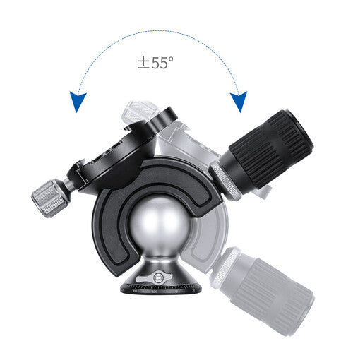 A black magic ball head with arca-type quick release plate mounted on a tripod, showing the adjustable locking mechanism and 