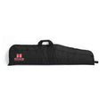 A brown soft rifle case with the Hornady logo, featuring a front zipper and adjustable straps, by Hornady.