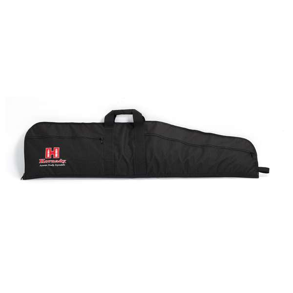 A brown soft rifle case with the Hornady logo, featuring a front zipper and adjustable straps, by Hornady.