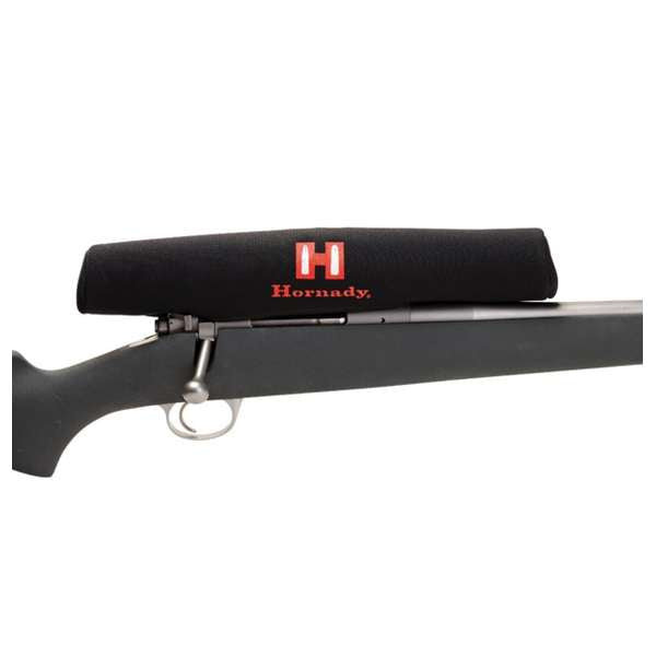Black scope cover with Hornady logo on a rifle scope in a gun case by Hornady