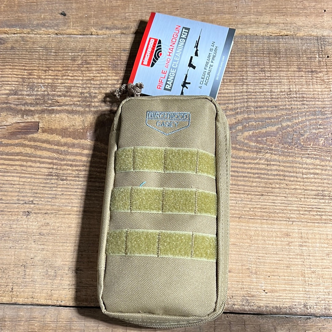 Rifle and Handgun Range Cleaning Kit in tan pouch with MOLLE webbing, featuring Birchwood Casey branding.